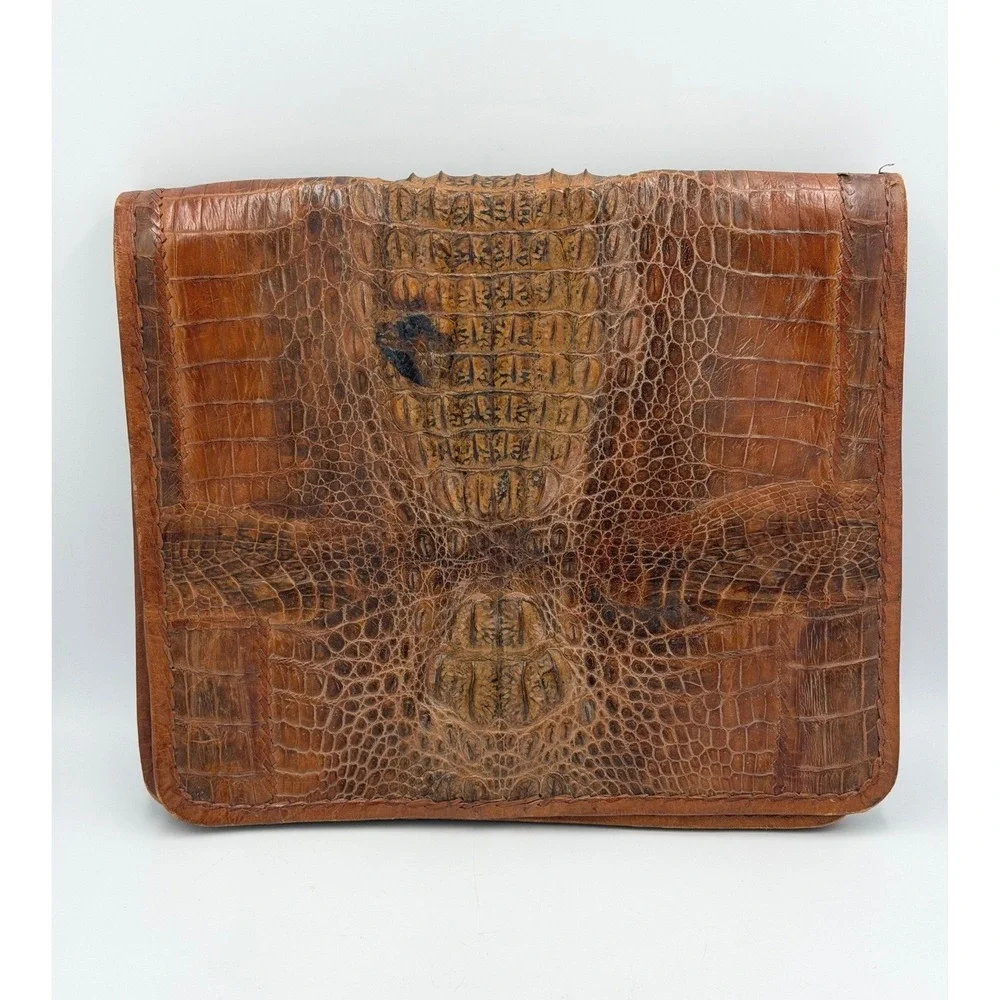 Vintage Reptile Embossed Leather Clutch Brown Portfolio Zip Bag Hornback Style